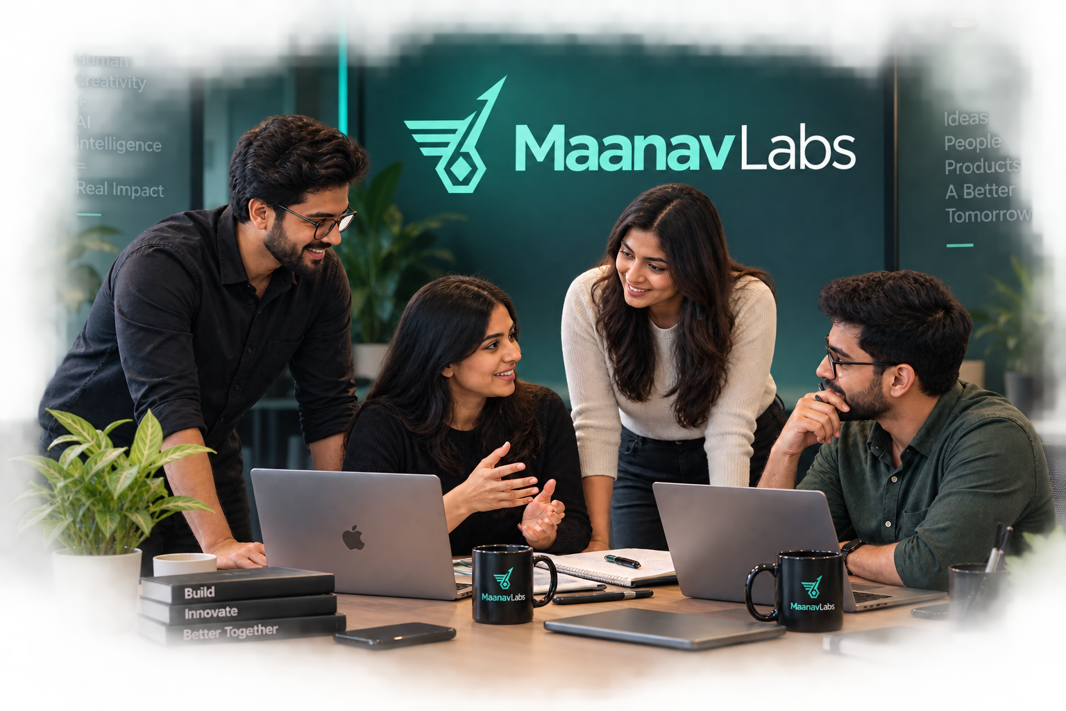 The Maanav Labs team collaborating around laptops
